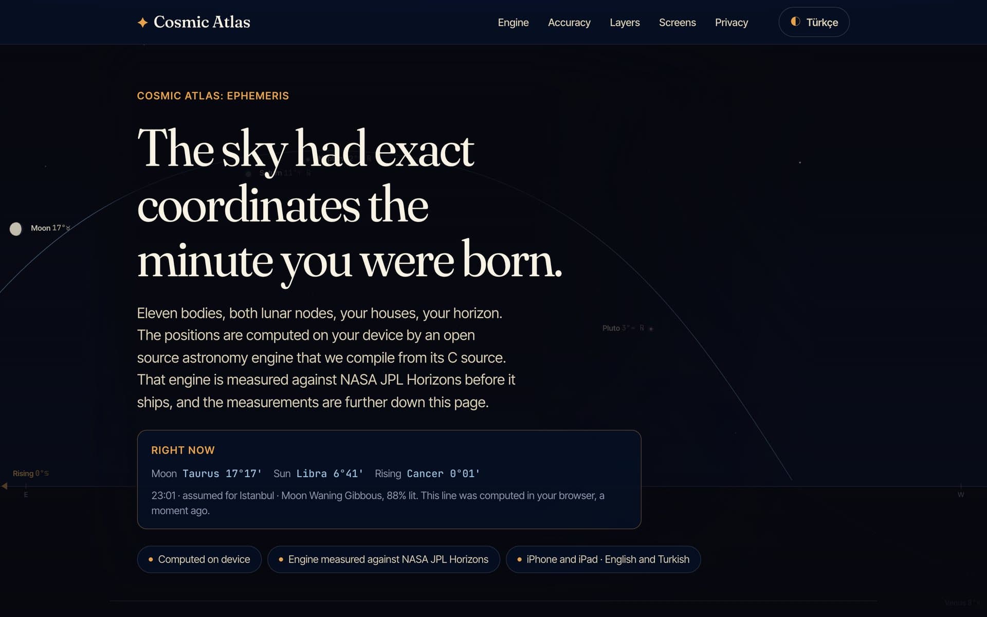 Cosmic Atlas website: the current positions of the Moon, Sun and rising sign, computed in the browser