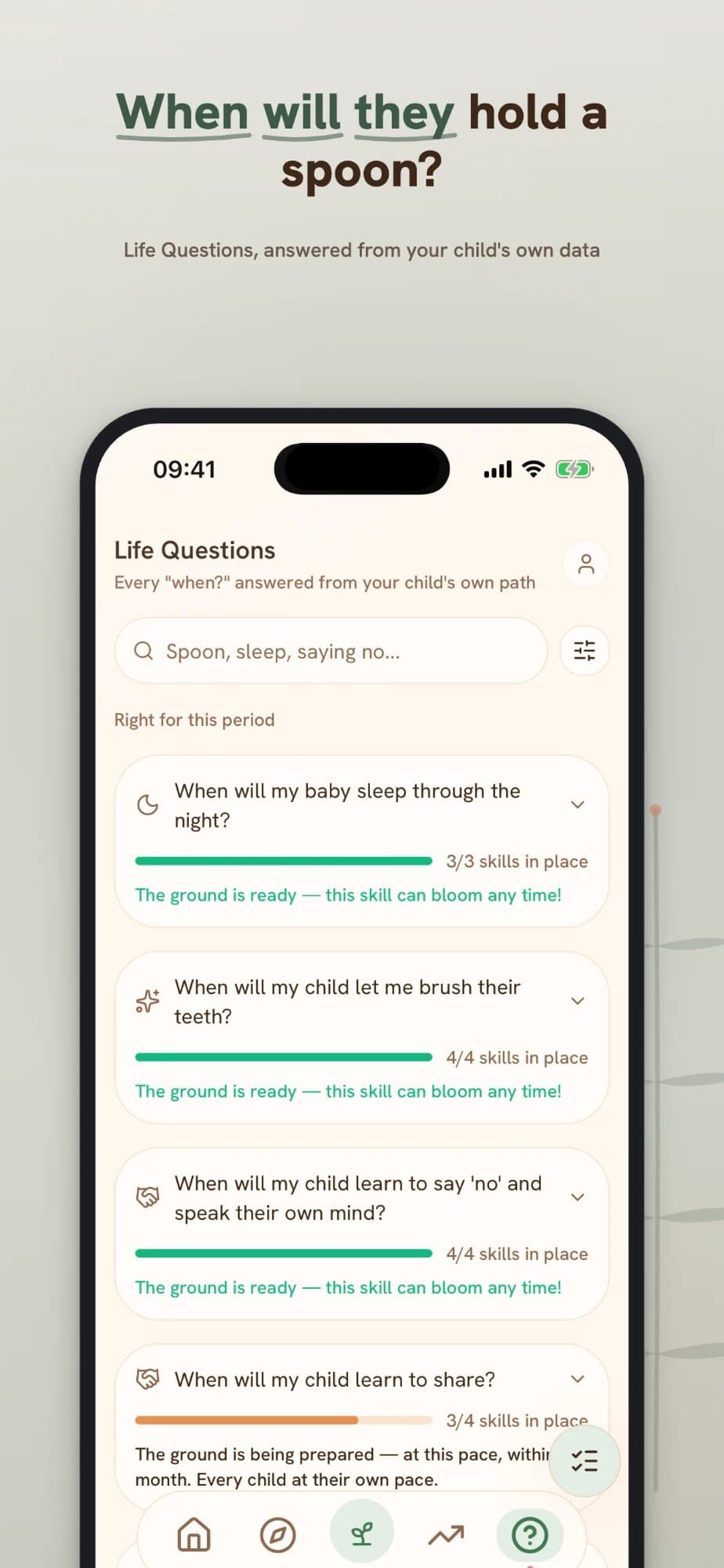 Sprout Way Life Questions screen with progress towards each skill