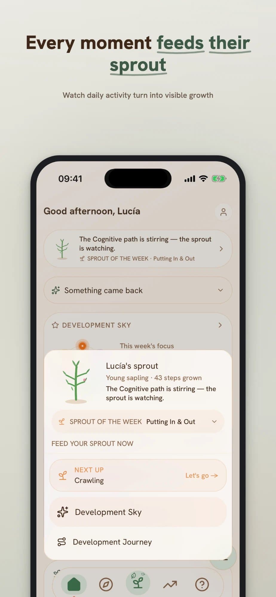 Sprout Way home screen with the child's sprout and the next step