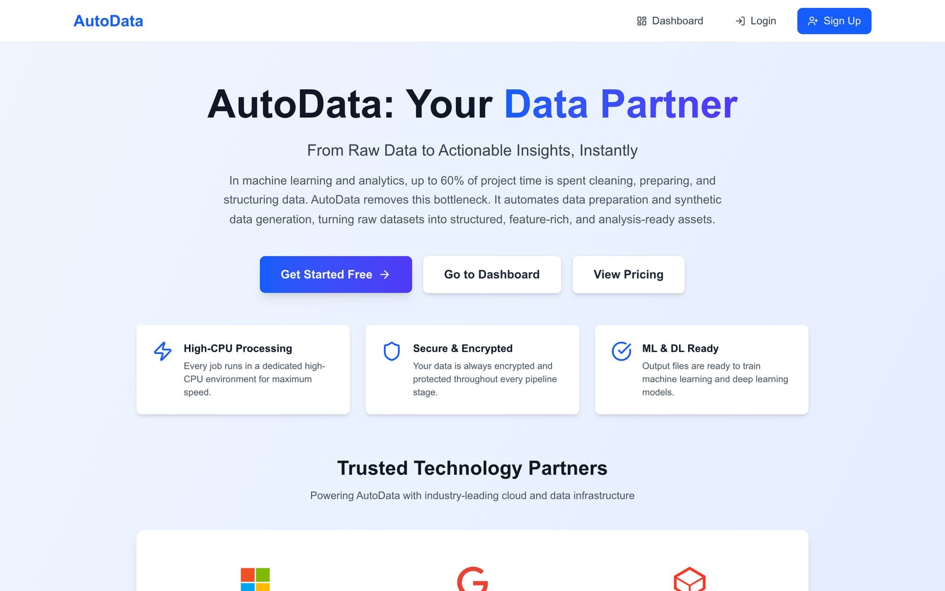 AutoData application landing page with its pipeline overview